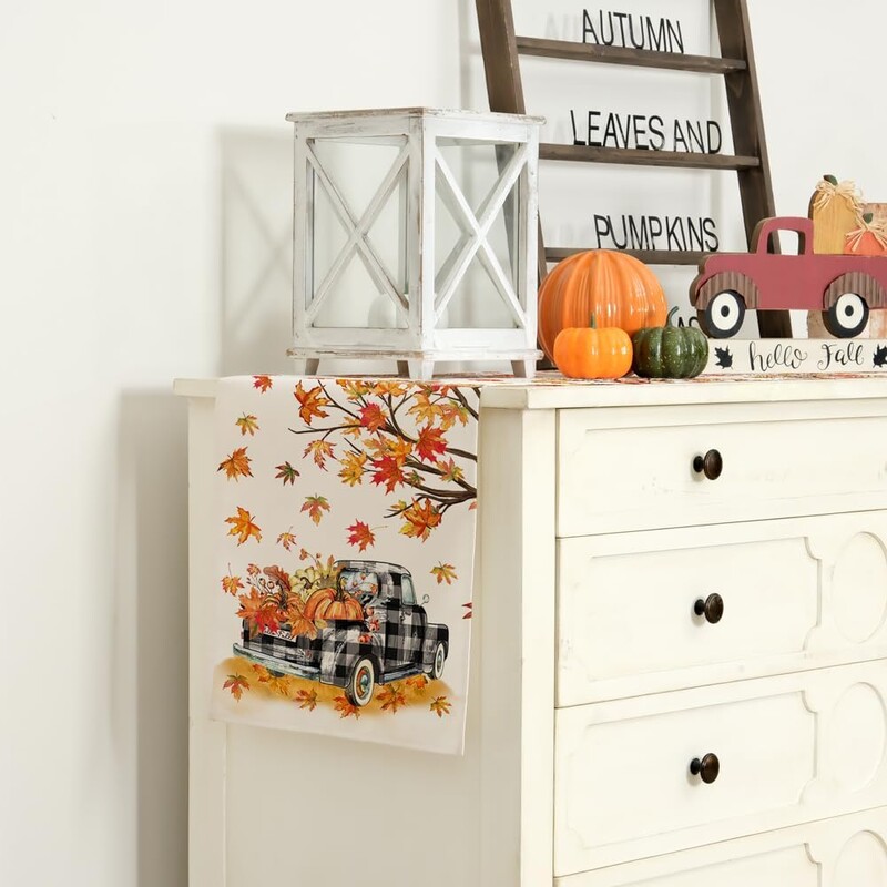Jesen Dan zahvalnosti Maple Leaf Pumpkin Buffalo Karirani Kamion Lanena Staza za stol Jesenski praznični ukrasi za zabavu Dekoracije za Dan zahvalnosti