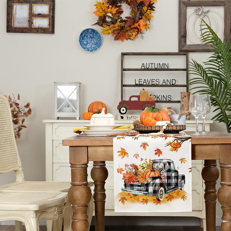 Jesen Dan zahvalnosti Maple Leaf Pumpkin Buffalo Karirani Kamion Lanena Staza za stol Jesenski praznični ukrasi za zabavu Dekoracije za Dan zahvalnosti