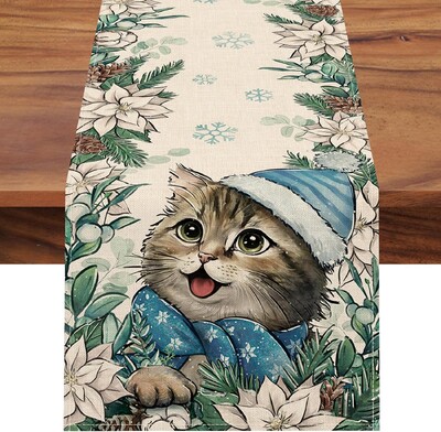 Kalėdinis kačiukas kačiukas puansetija snaigė lininis stalo bėgikas Žiemos komoda Šalikas Virtuvės stalo dekoras Navidad dekoracijos 2025 m.