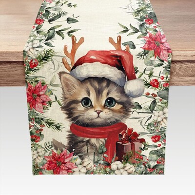 Kalėdinis kačiukas kačiukas puansetija snaigė lininis stalo bėgikas Žiemos komoda Šalikas Virtuvės stalo dekoras Navidad dekoracijos 2025 m.