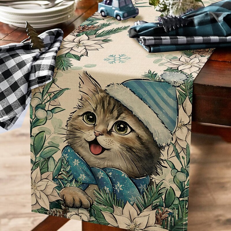 Kalėdinis kačiukas kačiukas puansetija snaigė lininis stalo bėgikas Žiemos komoda Šalikas Virtuvės stalo dekoras Navidad dekoracijos 2025 m.