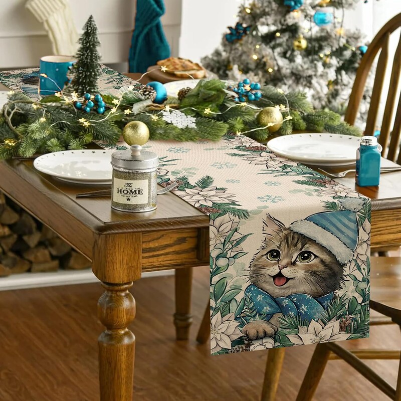 Kalėdinis kačiukas kačiukas puansetija snaigė lininis stalo bėgikas Žiemos komoda Šalikas Virtuvės stalo dekoras Navidad dekoracijos 2025 m.