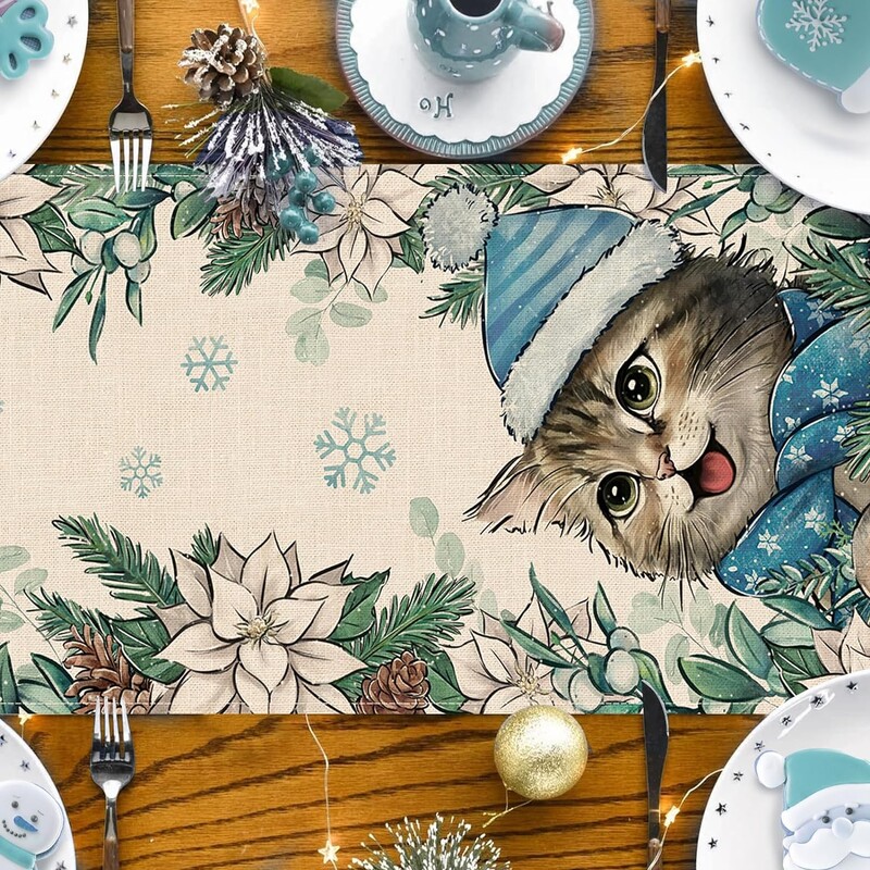 Kalėdinis kačiukas kačiukas puansetija snaigė lininis stalo bėgikas Žiemos komoda Šalikas Virtuvės stalo dekoras Navidad dekoracijos 2025 m.