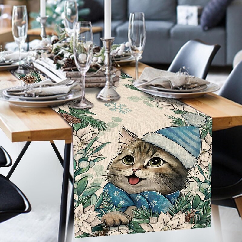 Kalėdinis kačiukas kačiukas puansetija snaigė lininis stalo bėgikas Žiemos komoda Šalikas Virtuvės stalo dekoras Navidad dekoracijos 2025 m.