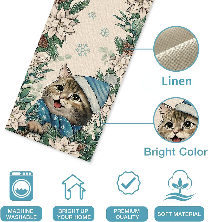 Kalėdinis kačiukas kačiukas puansetija snaigė lininis stalo bėgikas Žiemos komoda Šalikas Virtuvės stalo dekoras Navidad dekoracijos 2025 m.