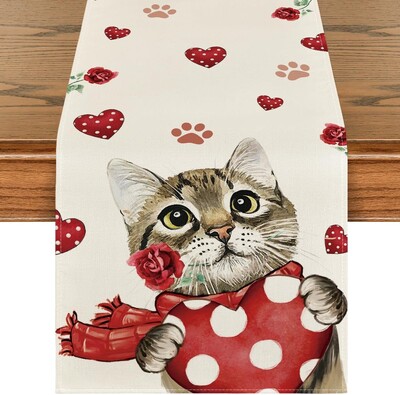 Котешки шал Love Rose Linen Table Runner Сезонен миещ се декор за кухненска маса за хранене Домашно парти Годишнина Декор за сватбен банкет