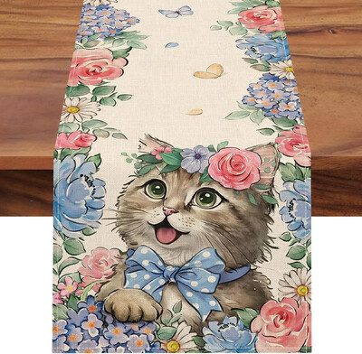 Tavasz Nyár Macskavászon asztali futószalag Virágos virág eukaliptusz levelek pillangós konyha étkezőasztal dekoráció szezonális lakberendezés
