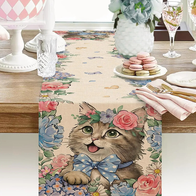 Tavasz Nyár Macskavászon asztali futószalag Virágos virág eukaliptusz levelek pillangós konyha étkezőasztal dekoráció szezonális lakberendezés