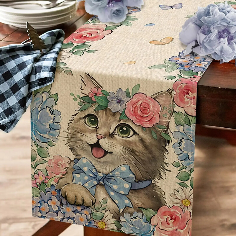 Tavasz Nyár Macskavászon asztali futószalag Virágos virág eukaliptusz levelek pillangós konyha étkezőasztal dekoráció szezonális lakberendezés