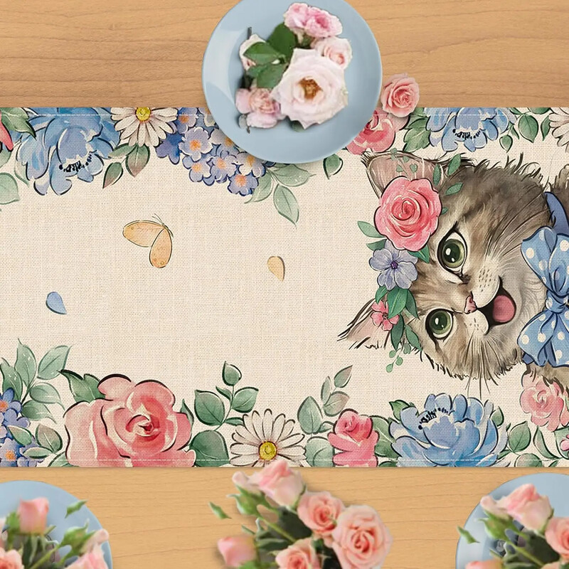 Tavasz Nyár Macskavászon asztali futószalag Virágos virág eukaliptusz levelek pillangós konyha étkezőasztal dekoráció szezonális lakberendezés