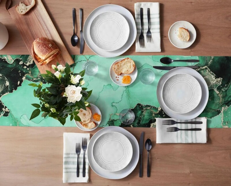 Textura de marmură albastră Rezistent la căldură Traser de masă din in, lavabil, eșarfă, decor de masă, bucătărie, sărbători, petrecere, sufragerie