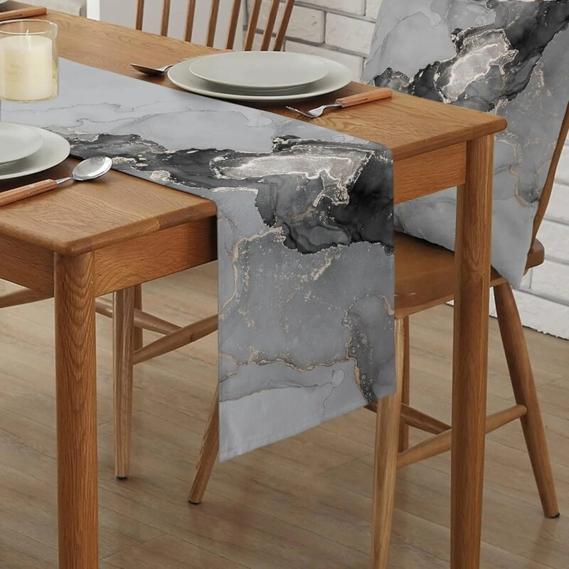 Textura de marmură albastră Rezistent la căldură Traser de masă din in, lavabil, eșarfă, decor de masă, bucătărie, sărbători, petrecere, sufragerie