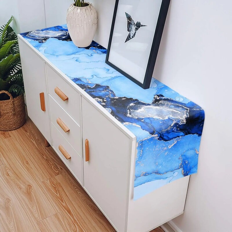 Textura de marmură albastră Rezistent la căldură Traser de masă din in, lavabil, eșarfă, decor de masă, bucătărie, sărbători, petrecere, sufragerie