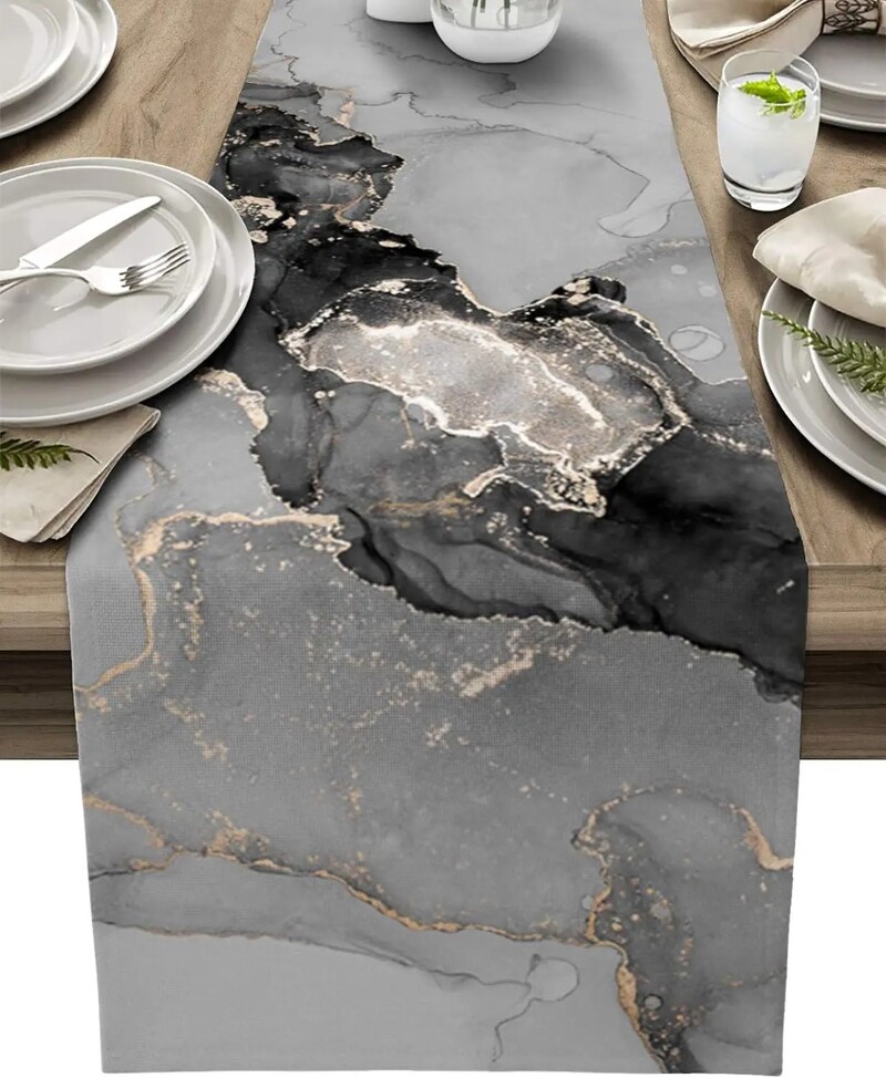 Textura de marmură albastră Rezistent la căldură Traser de masă din in, lavabil, eșarfă, decor de masă, bucătărie, sărbători, petrecere, sufragerie