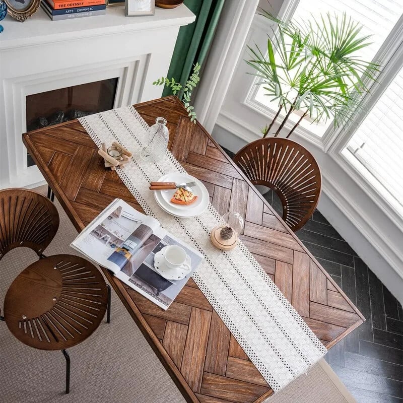 Béžový boho prestierací stôl so strapcami, bavlnený macramé prestierací stôl, rustikálny farmársky prestierací stôl do bohémskej kuchyne s jedálňou