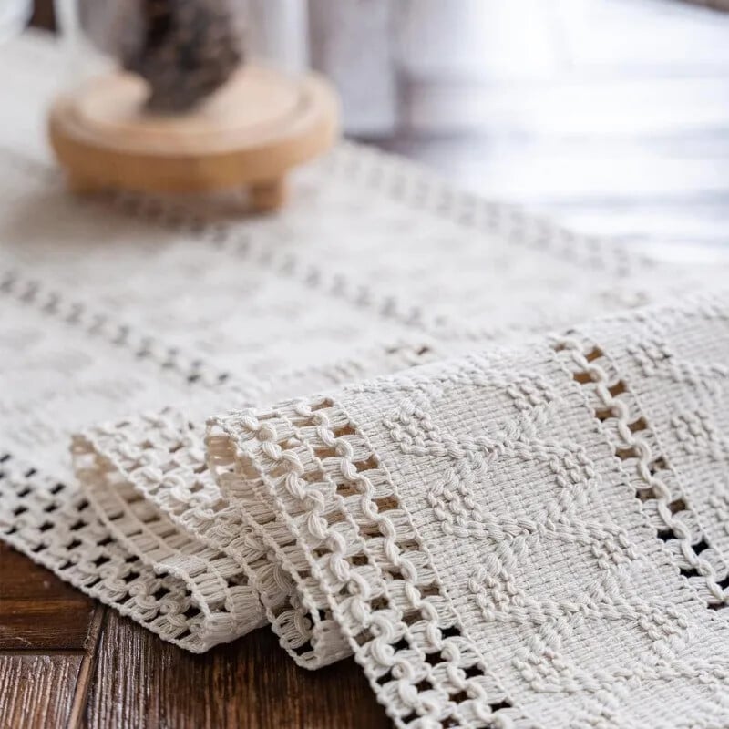 Béžový boho prestierací stôl so strapcami, bavlnený macramé prestierací stôl, rustikálny farmársky prestierací stôl do bohémskej kuchyne s jedálňou