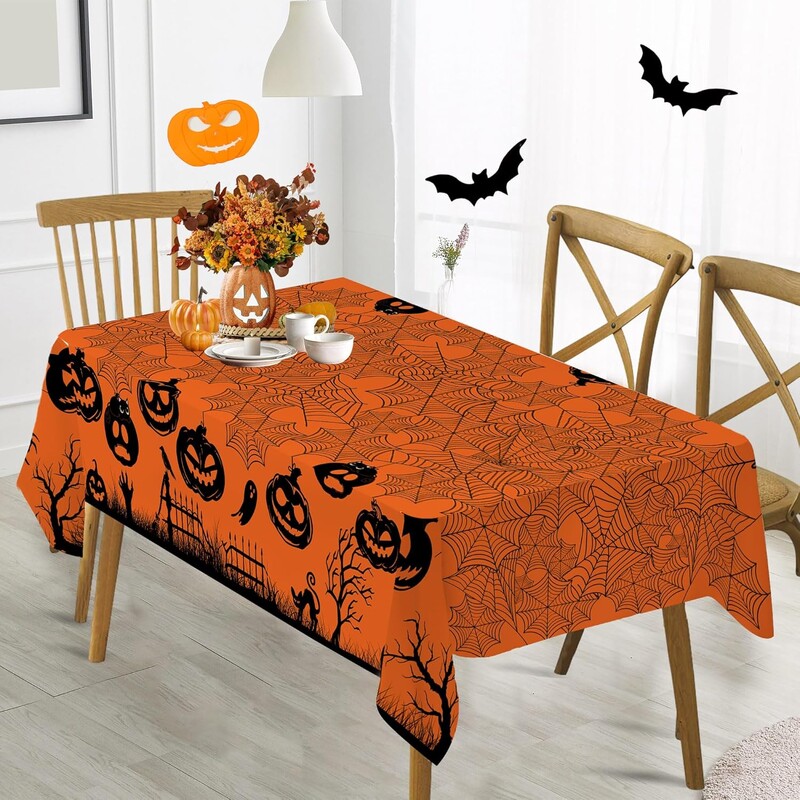 Helovino voratinklis Oranžinė vandeniui atspari staltiesė Valgomojo stalo apdaila Plaunama stačiakampė staltiesė Helovino vakarėlio puošmena