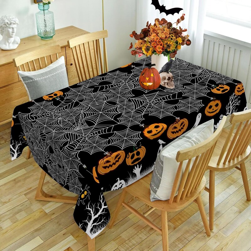 Helovino voratinklis Oranžinė vandeniui atspari staltiesė Valgomojo stalo apdaila Plaunama stačiakampė staltiesė Helovino vakarėlio puošmena