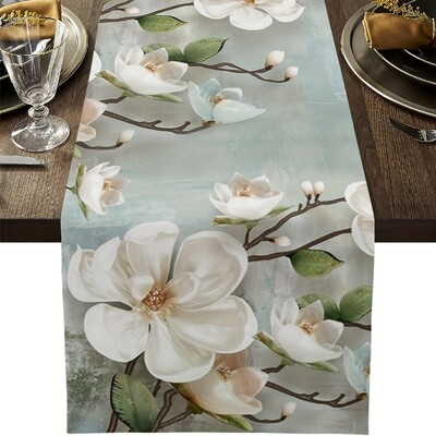 Μοντέρνα ακουαρέλα Magnolia λινό Τραπέζι Runners Καλλιτεχνική συρταριέρα Κασκόλ Διακόσμηση τραπεζιού Γιορτινό γαμήλιο πάρτι Διακόσμηση τραπεζαρίας σπιτιού