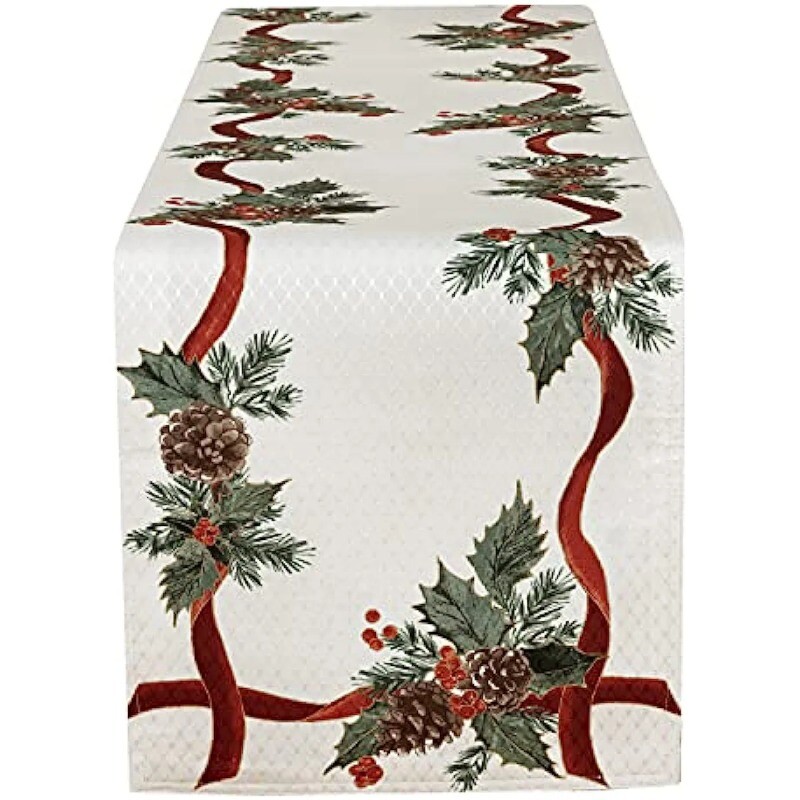 Örökzöld koszorú, dupla szalagos asztali futóház karácsonyi asztalszőnyeg magyal és fenyőtoboz Rusztikus karácsonyi ünnepi dekoráció