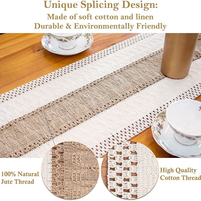 Kaimiški „Boho“ kutai, 72 colių, kreminės rudos spalvos, kaimo namų stalo bėgiai, skirti vestuvių vakarėliui, vakarėliui, vakarėliui, vakarėliui, namų dekoravimui