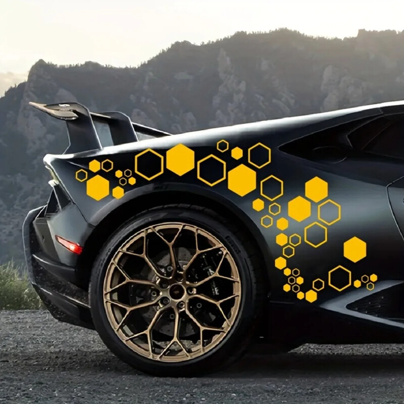 52 ks veľkých a malých kombinovaných šesťuholníkových plástových autonálepiek, DIY styling karosérie vozidla, kreatívne otvorené vinylové nálepky na auto