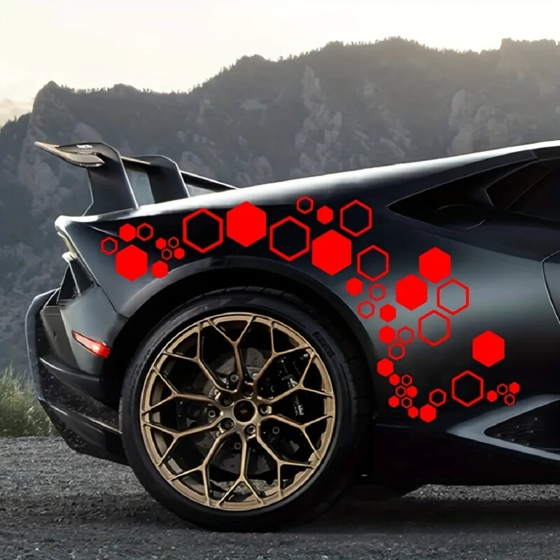 52 ks veľkých a malých kombinovaných šesťuholníkových plástových autonálepiek, DIY styling karosérie vozidla, kreatívne otvorené vinylové nálepky na auto