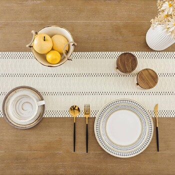 Βαμβακερό και λινό Vintage Τραπέζι Runner Boho Table Runner για Διακόσμηση σπιτιού Πανί Τραπεζαρίας Τραπεζαρίας Πανί Τραπέζι σαλονιού Φούντα Τραπέζι Σημαία