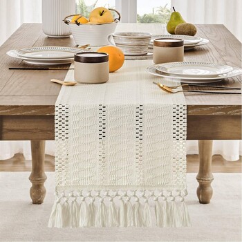 Βαμβακερό και λινό Vintage Τραπέζι Runner Boho Table Runner για Διακόσμηση σπιτιού Πανί Τραπεζαρίας Τραπεζαρίας Πανί Τραπέζι σαλονιού Φούντα Τραπέζι Σημαία