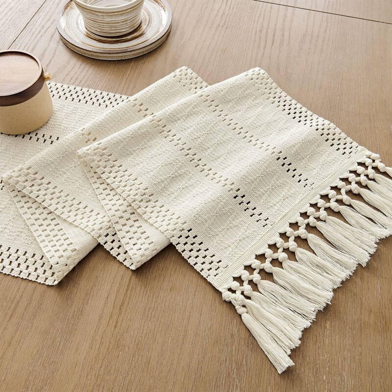 Bavlnený a ľanový vintage obrus na stôl, boho obrus na stôl pre bytové dekorácie, obrus na jedálenský stôl, obrus na konferenčný stolík, strapcový obrus, vlajka na stôl