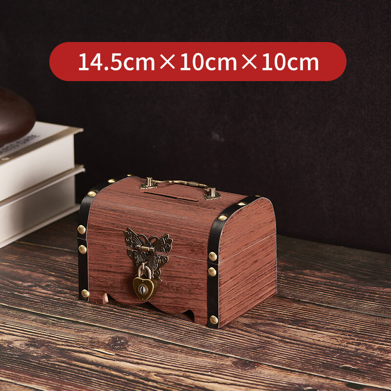 Tömör fa gyerek malacpersely zárral csak ki-be lehet menni, nagy kapacitású fa malacpersely, azonos stílusú kincsesdoboz 