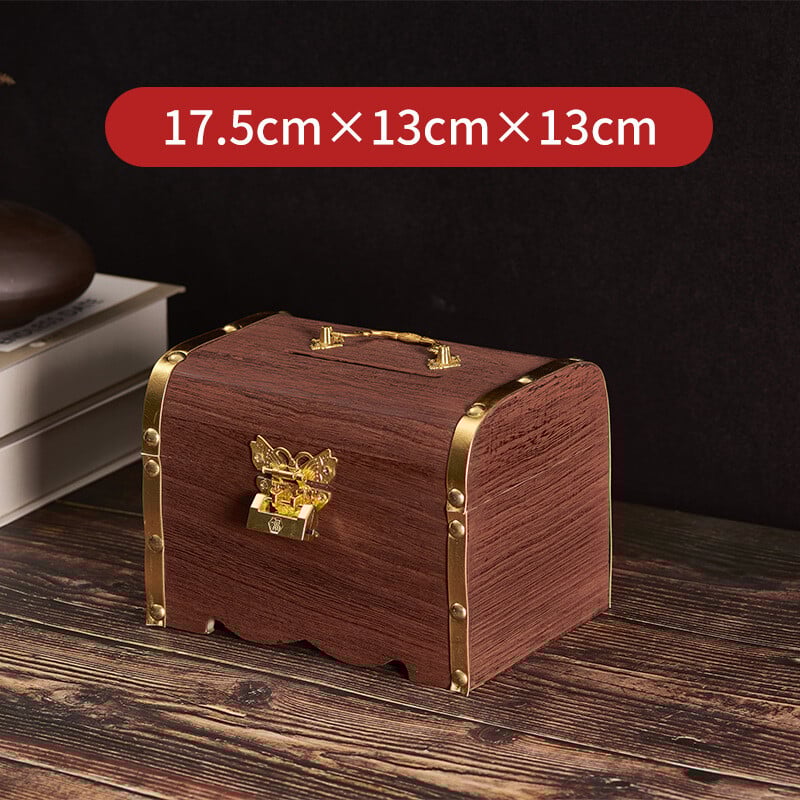 Tömör fa gyerek malacpersely zárral csak ki-be lehet menni, nagy kapacitású fa malacpersely, azonos stílusú kincsesdoboz 