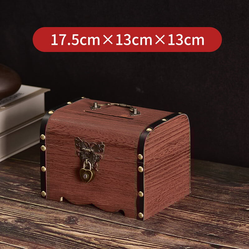 Tömör fa gyerek malacpersely zárral csak ki-be lehet menni, nagy kapacitású fa malacpersely, azonos stílusú kincsesdoboz 