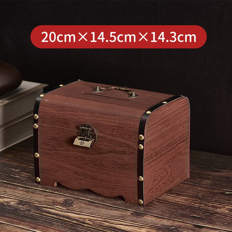 Tömör fa gyerek malacpersely zárral csak ki-be lehet menni, nagy kapacitású fa malacpersely, azonos stílusú kincsesdoboz 