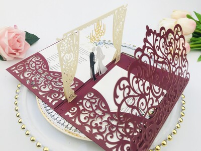 1x 3D POP UP Vestuvių kvietimų kortelė Raudonos dramblio kaulo spalvos tamsiai bordo žalia juoda lazeriu iškirpti vestuvių kvietimai sveikinimo atvirukai Kvietimai