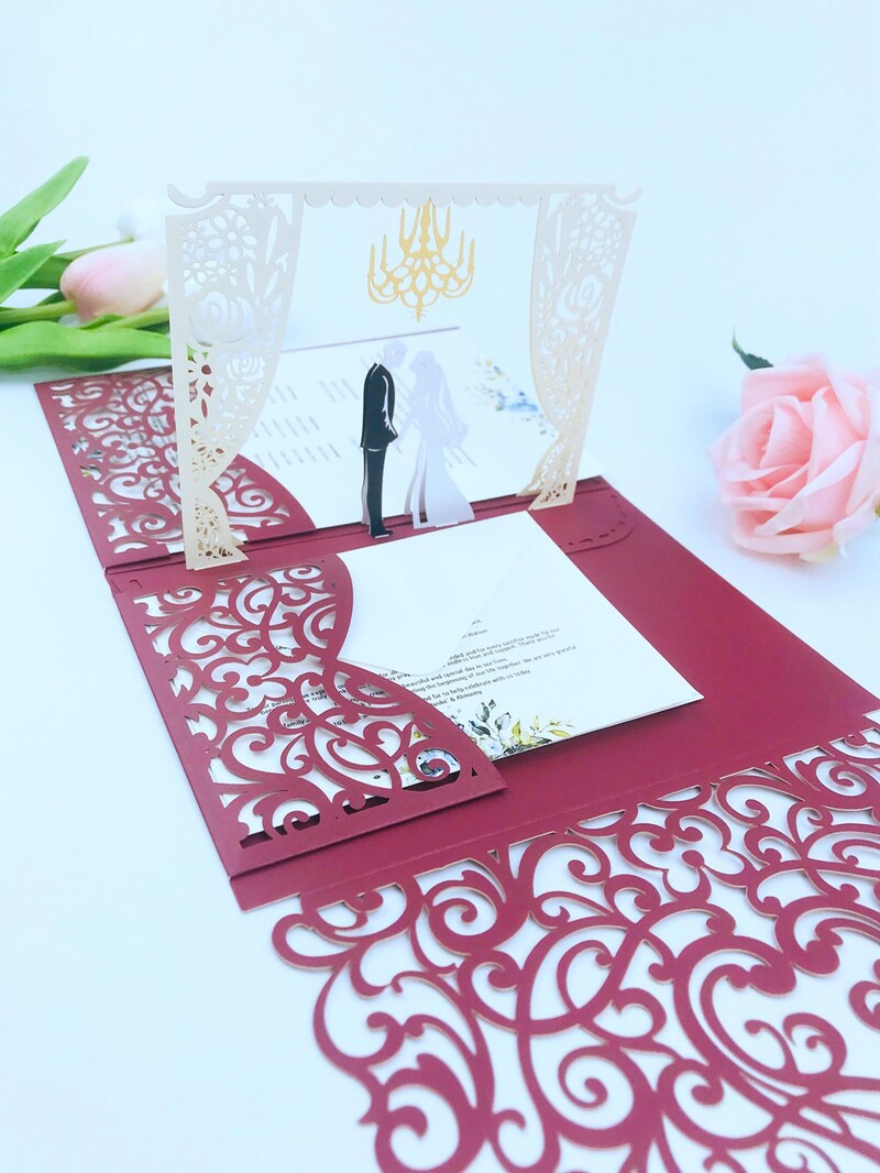 1x 3D POP UP Vestuvių kvietimų kortelė Raudonos dramblio kaulo spalvos tamsiai bordo žalia juoda lazeriu iškirpti vestuvių kvietimai sveikinimo atvirukai Kvietimai