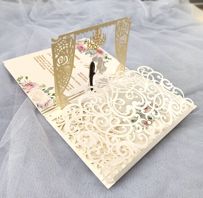 1x 3D POP UP Vestuvių kvietimų kortelė Raudonos dramblio kaulo spalvos tamsiai bordo žalia juoda lazeriu iškirpti vestuvių kvietimai sveikinimo atvirukai Kvietimai