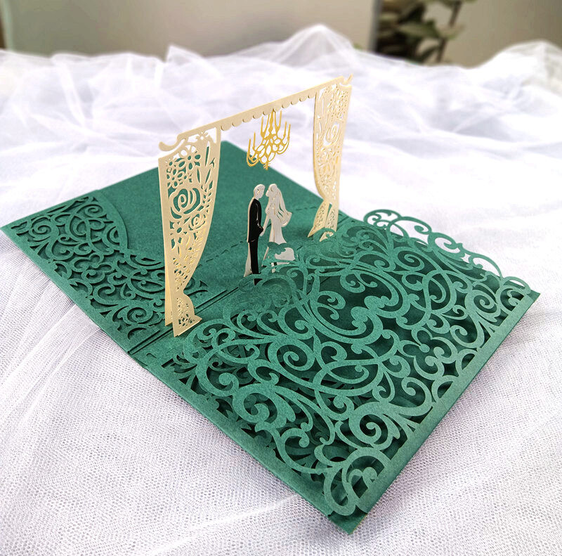 1x 3D POP UP Vestuvių kvietimų kortelė Raudonos dramblio kaulo spalvos tamsiai bordo žalia juoda lazeriu iškirpti vestuvių kvietimai sveikinimo atvirukai Kvietimai