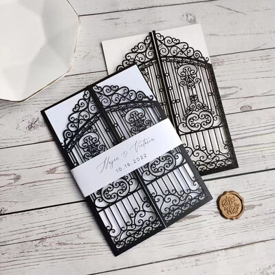 10 vienetų lazeriu pjaustytų vestuvių vartų meilės durų kvietimo kortelė juoda rožinė auksinė sužadėtuvių vakarėlio sveikinimo kvietimai IC165