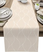 Béžové ľanové prestieradlá na stôl, moderný abstraktný vlnový pruhovaný šatkový stôl, umývateľný farmársky sviatočný jedálenský stôl