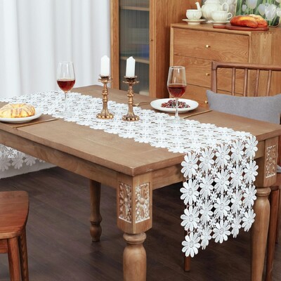 120-250 CM Bohēmijas galda apdare ar mežģīnēm, izšūta balta mežģīņu galda skrējēja