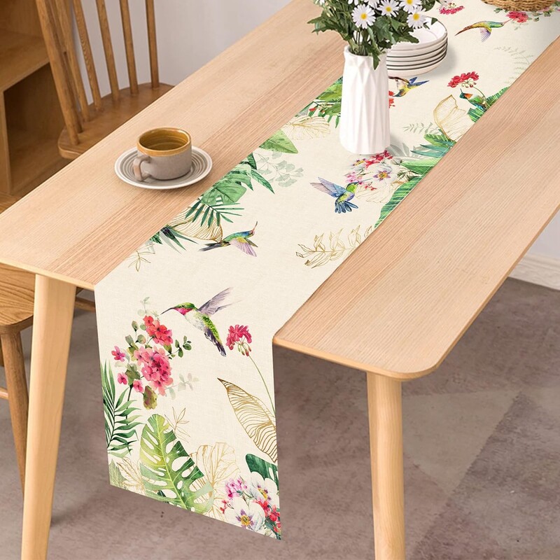 Letné tropické kolibríky, palmové listy, zeleň, ľanové plátno, prestieranie na stôl, sezónne vtáky, domácnosť, kuchyňa, pelargónie, kvety, jedálenský stôl, dekorácia