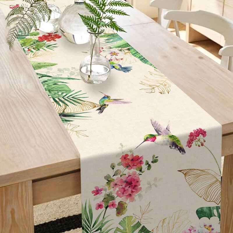Letné tropické kolibríky, palmové listy, zeleň, ľanové plátno, prestieranie na stôl, sezónne vtáky, domácnosť, kuchyňa, pelargónie, kvety, jedálenský stôl, dekorácia
