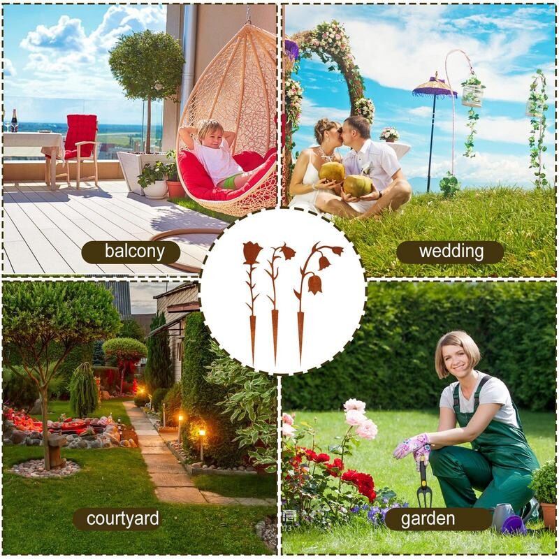 Dekoratyviniai sodo kuoliukai 3 vnt. Slėnio lelijos gėlės metalo siluetas Dekoratyviniai sodo kuolai Kaimiško sodo lauko statulos