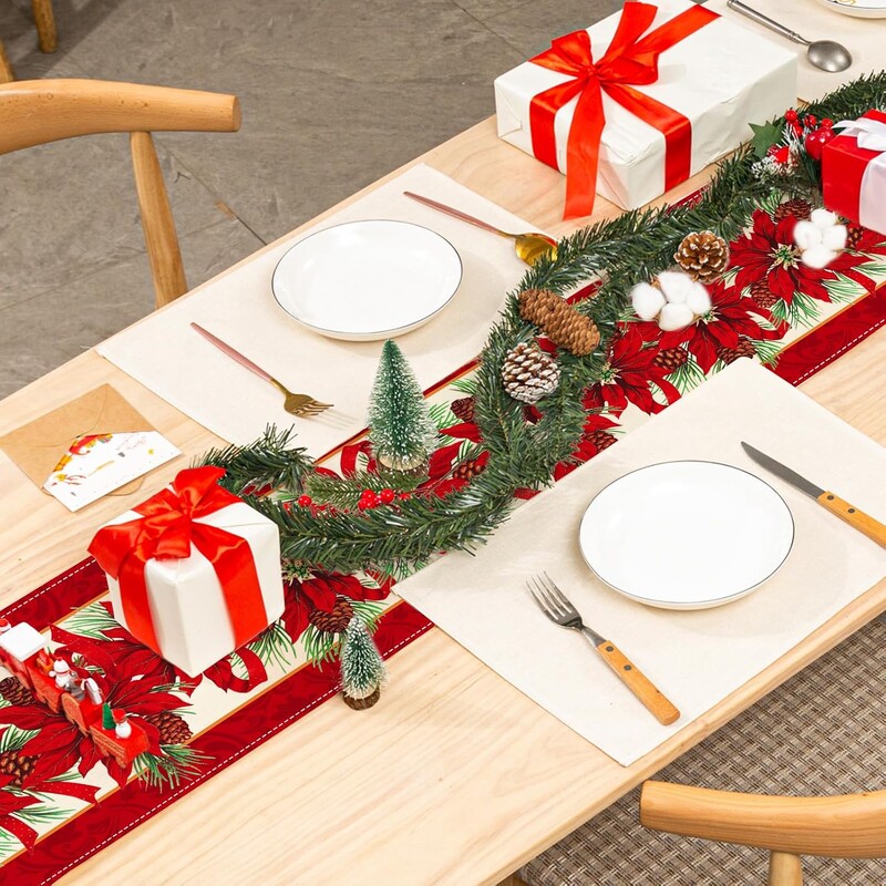 Kalėdų puansetijos raudonos vintažinės lininės lininės stalo bėgikai Namų dekoravimui Patvarūs namų virtuvės valgomojo stalo bėgikai Kalėdų papuošimai