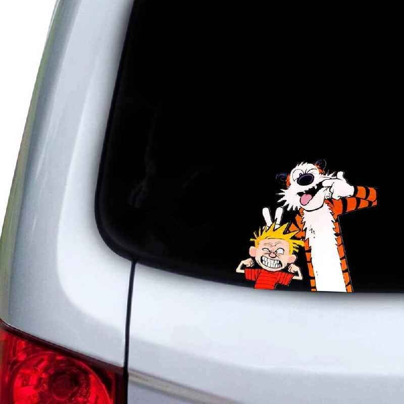 Zábavná nálepka na auto Calvin and Hobbes - odolná vinylová nálepka na autá a notebooky