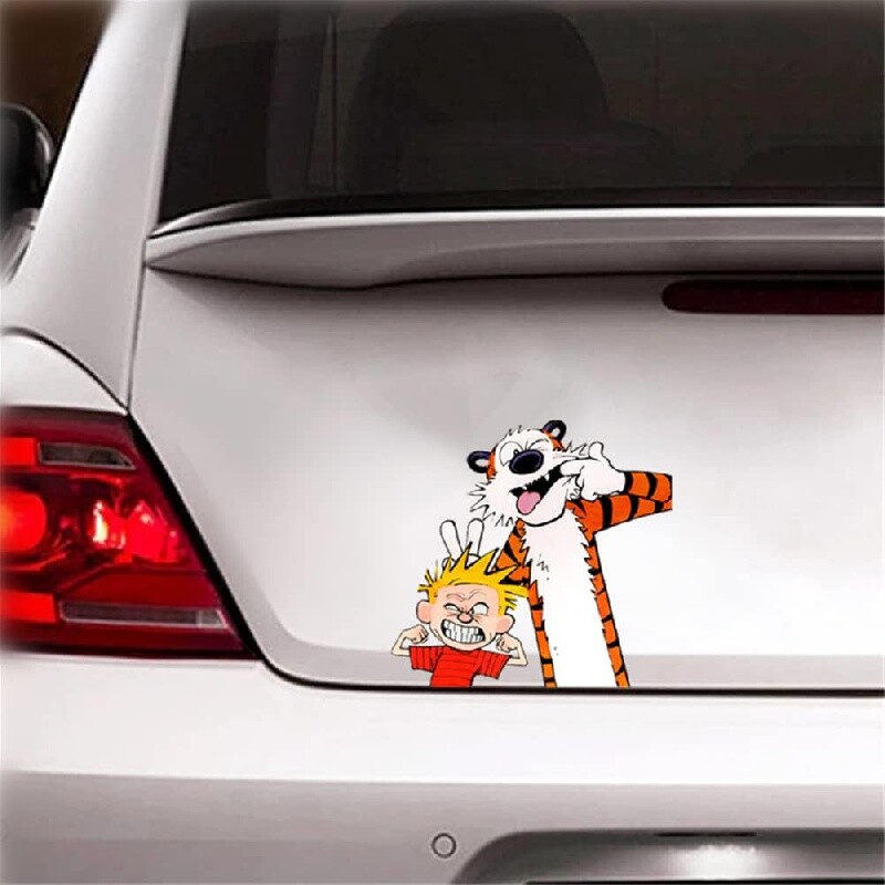 Zábavná nálepka na auto Calvin and Hobbes - odolná vinylová nálepka na autá a notebooky