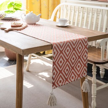 Τραπεζοπανάκι Nordic Jacquard Geometric Runner με φούντα για πάρτι στο σπίτι Διακοσμητικό ύφασμα τραπεζαρίας από πολυεστέρα