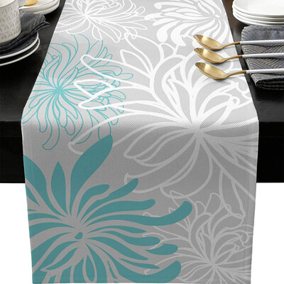 Aqua Chrysanthemum Flowers Lenen Table Runner Wedding Party Decoration Summer Floral Grey for Kitchen Decor