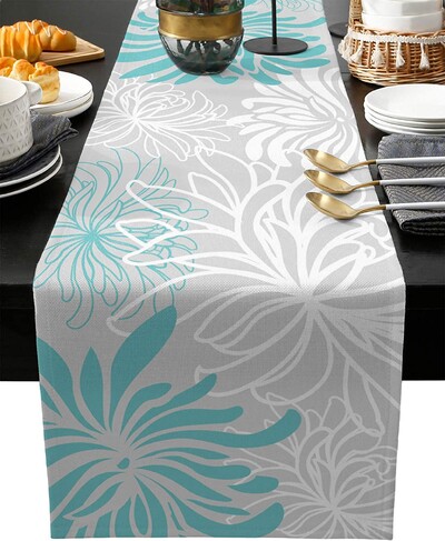 Aqua Chrysanthemum Flowers Lenen Table Runner Wedding Party Decoration Summer Floral Grey for Kitchen Decor